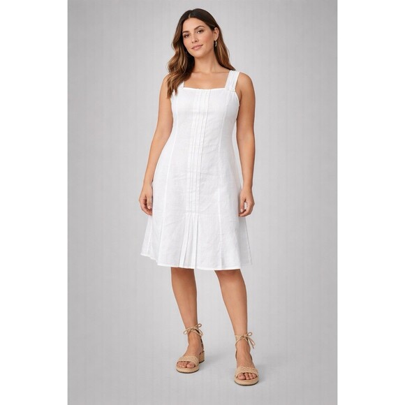 Yuvita Dresses & Skirts - Yuvita White Linen Sleeveless Pleated Short Midi Dress Flowy Coastal Summer 6